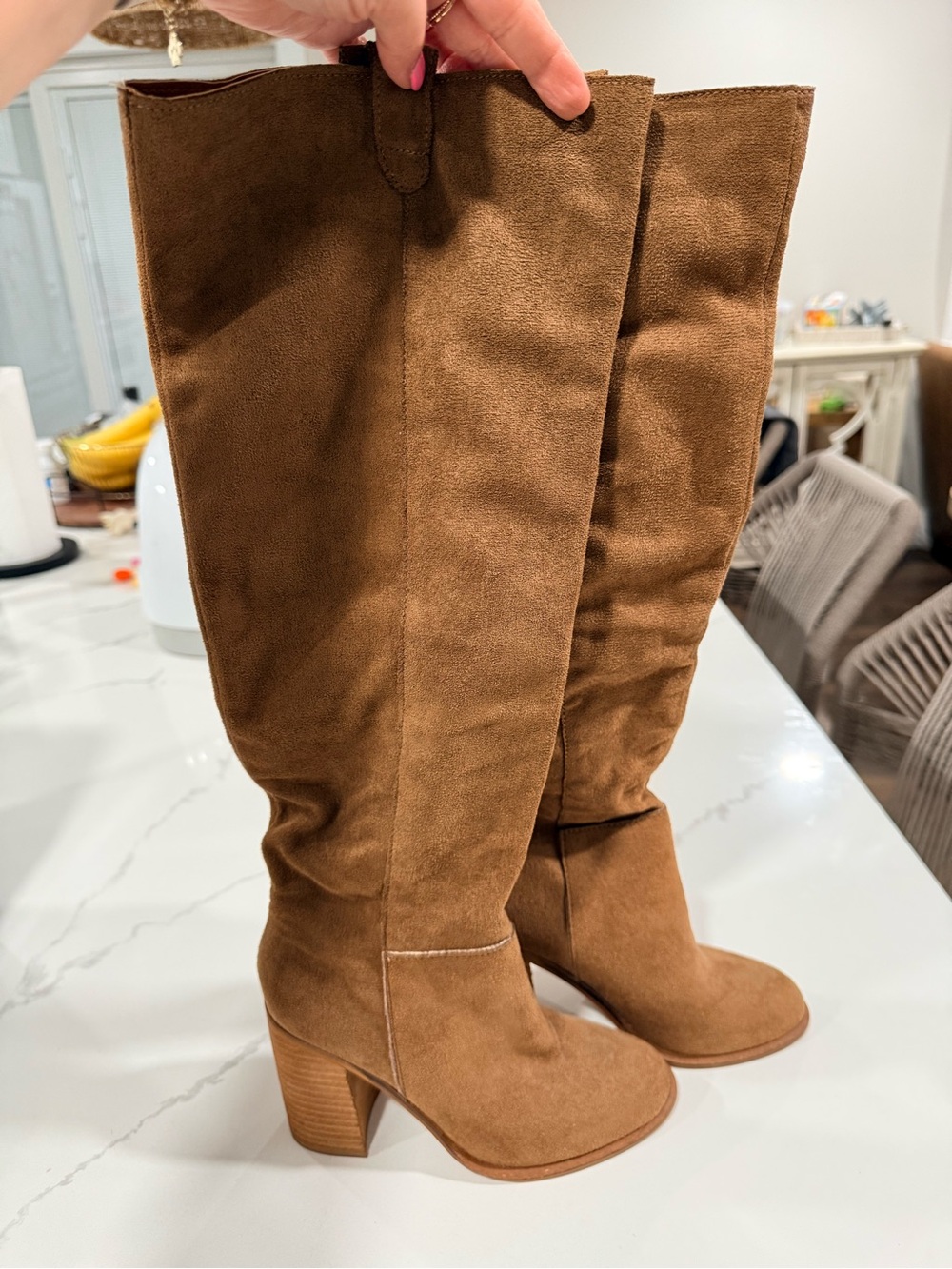 Chestnut Suede Mid-Calf Block Heel Boots